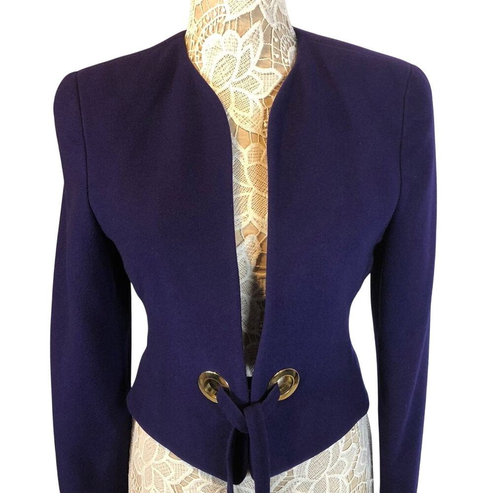 1980s Vintage Purple Wool Cashmere Cropped Blazer Gold Grommet Jacket USA Small - Picture 4 of 13